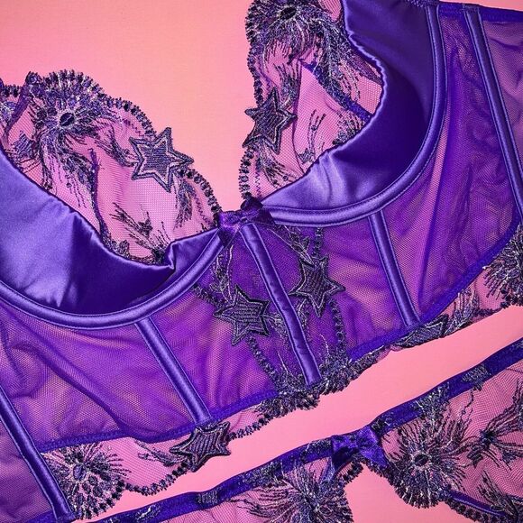 Victoria's Secret 32B,34B,34D CORSET BRA TOP SET+garter+PURPLE SILVER STARSTRUCK - Picture 4 of 6